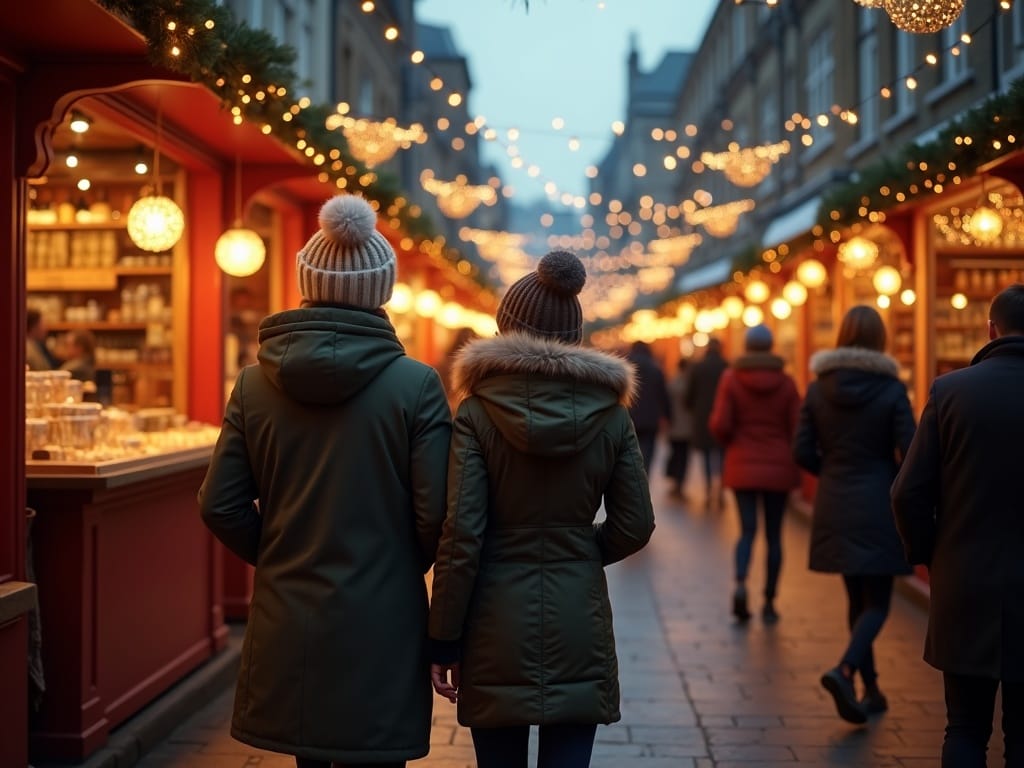 Familie la târgul de Crăciun din Londra, seara, printre lumini festive