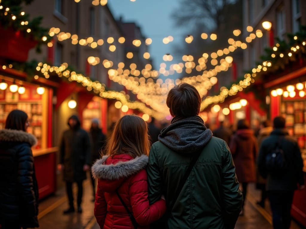 Familie românească vizitând un târg de Crăciun din Londra seara