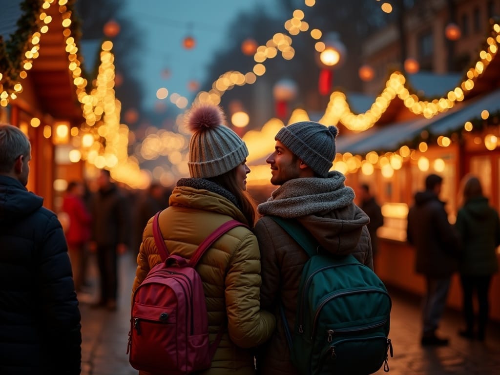 Familie românească la o piață de Crăciun din UK, în lumini festive