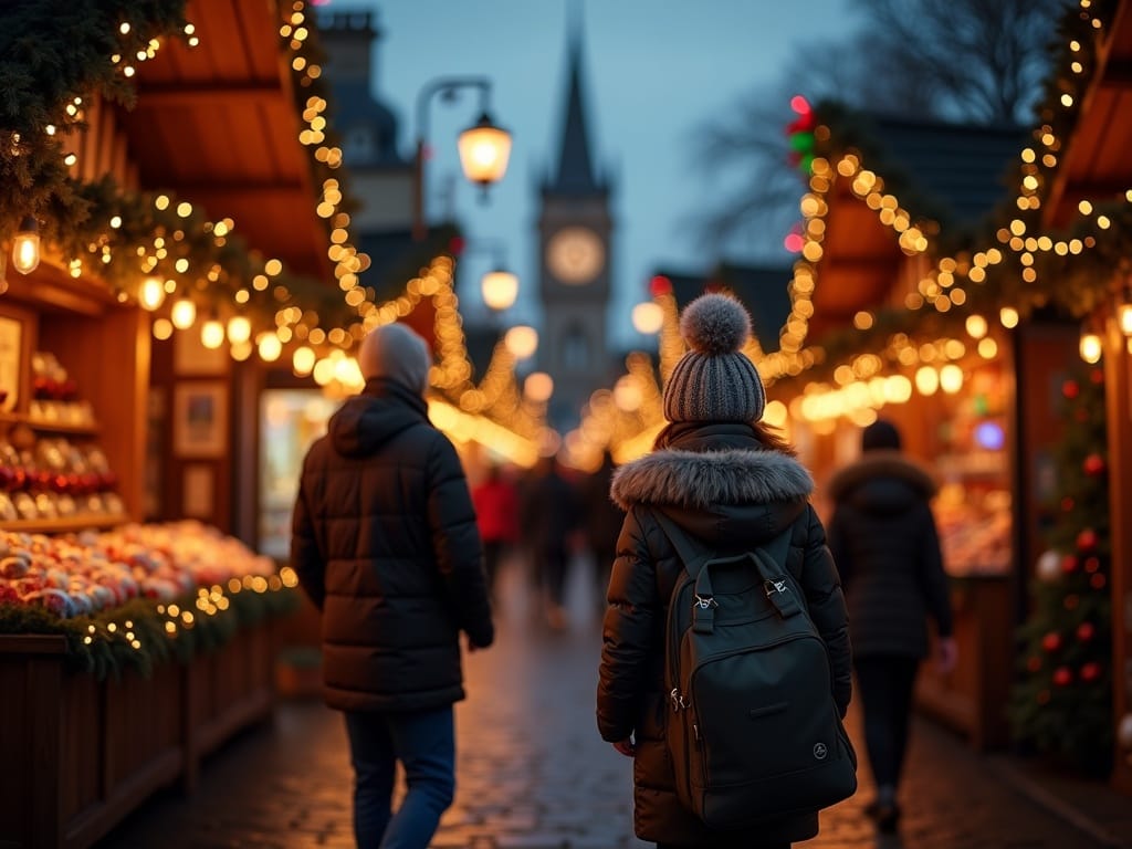 Familie română la piață de Crăciun din Marea Britanie, seara, luminată festiv