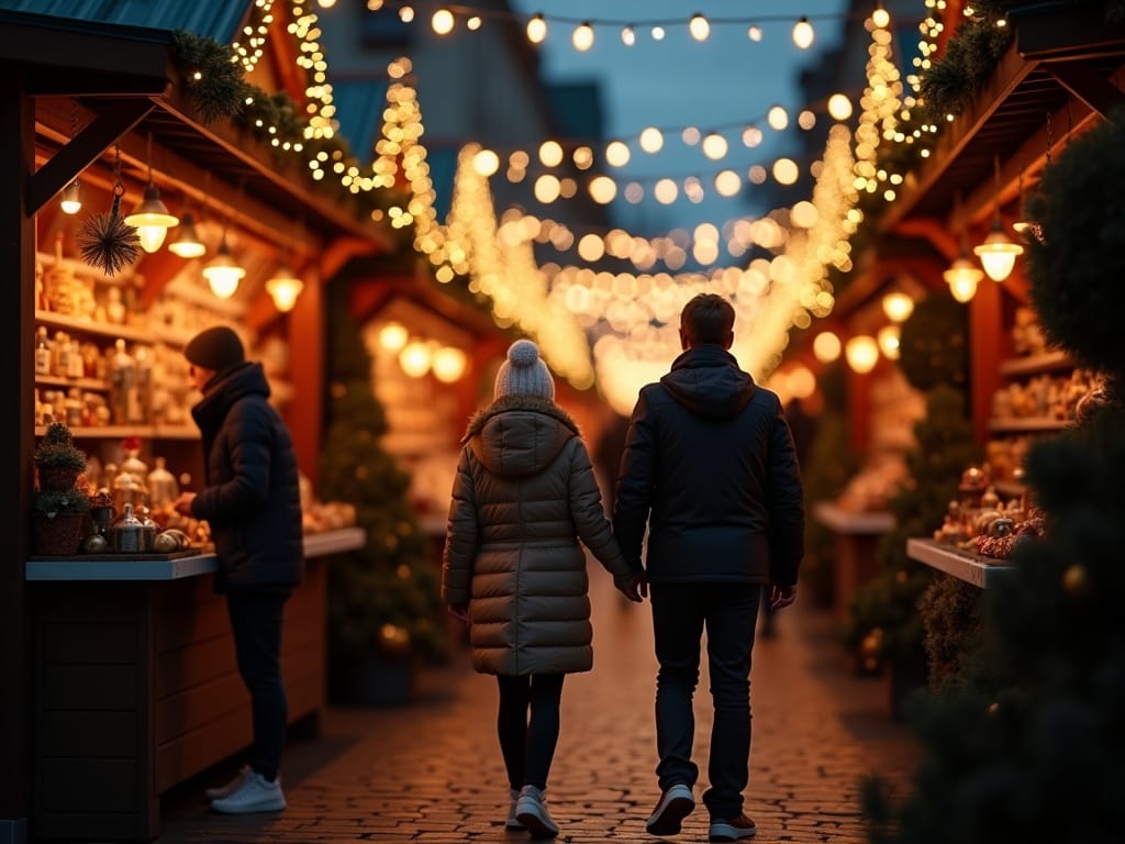 Familie românească vizitează un târg de Crăciun în Regatul Unit seara, sub lumini festive