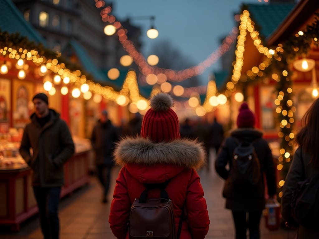 Familie românească la piața de Crăciun din Marea Britanie, seara, lumină festivă