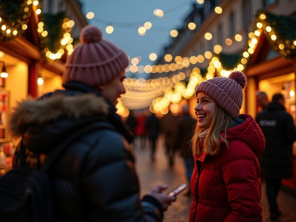 Familie românească vizitează o piață de Crăciun în Londra seara, cu lumini festive și tarabe colorate