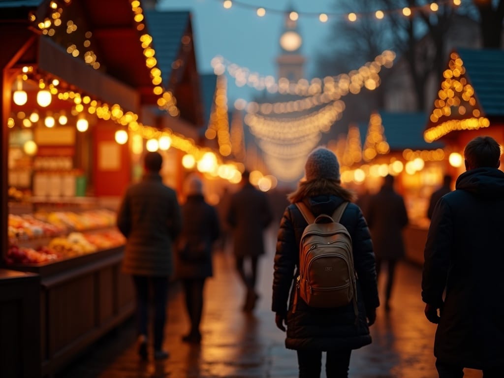 Familie românească vizitând o piață de Crăciun în Londra, seara, sub luminițe festive