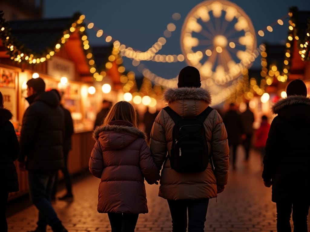 Familie română vizitând un târg de Crăciun în Regatul Unit seara, cu lumini festive