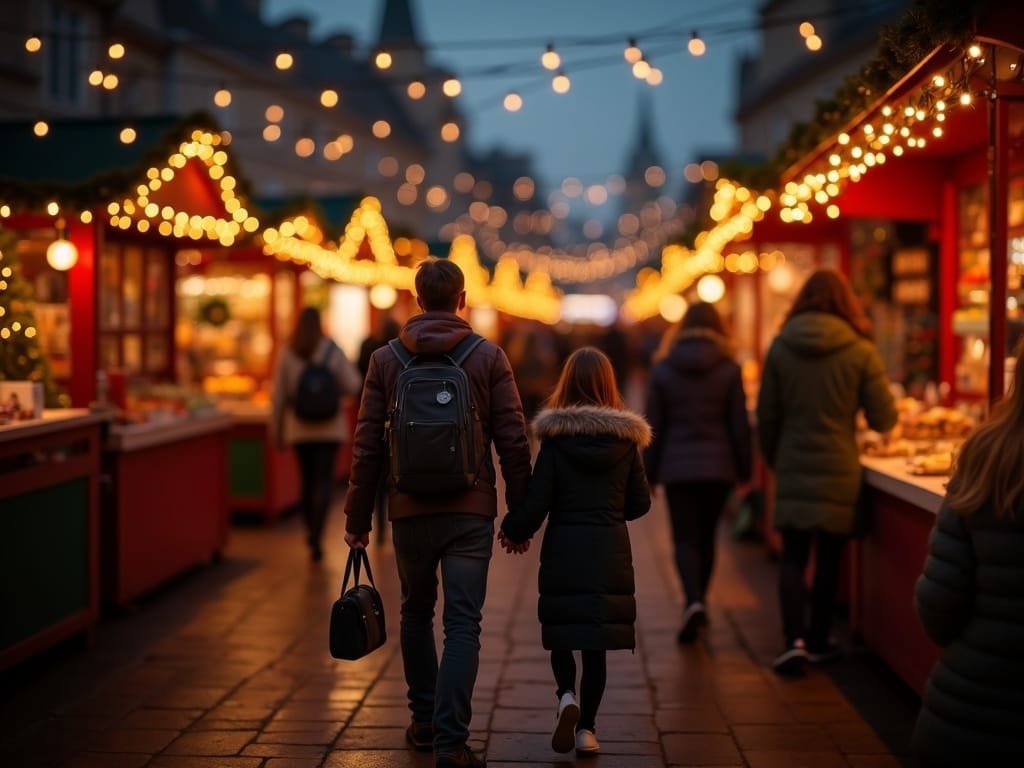Familie română vizitând o piață de Crăciun în Regatul Unit seara