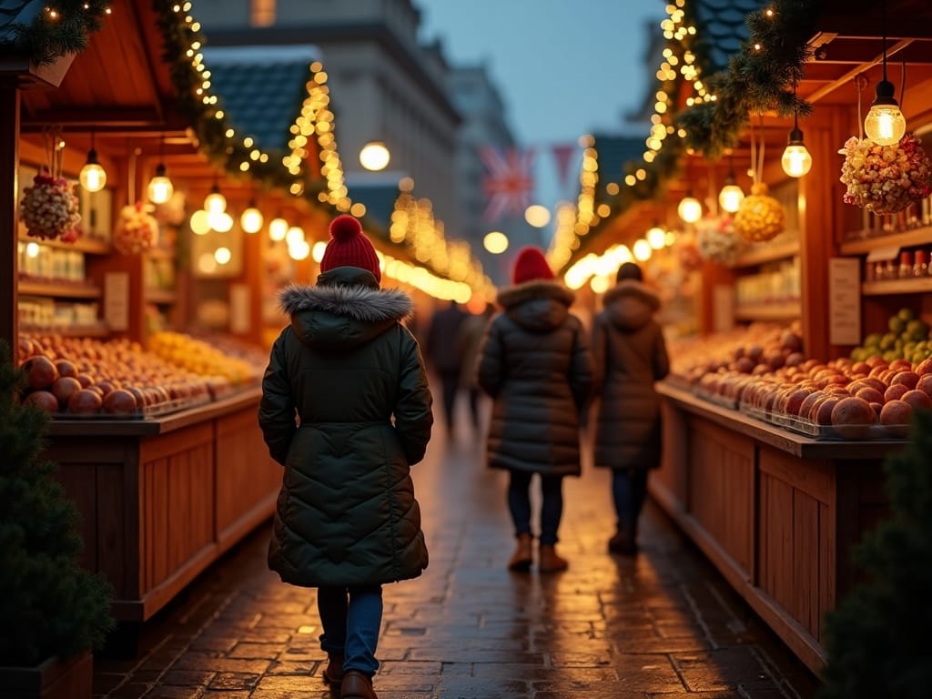 Familie românească vizitând o piață de Crăciun în Regatul Unit, seara, sub lumini festive roșii, verzi și aurii