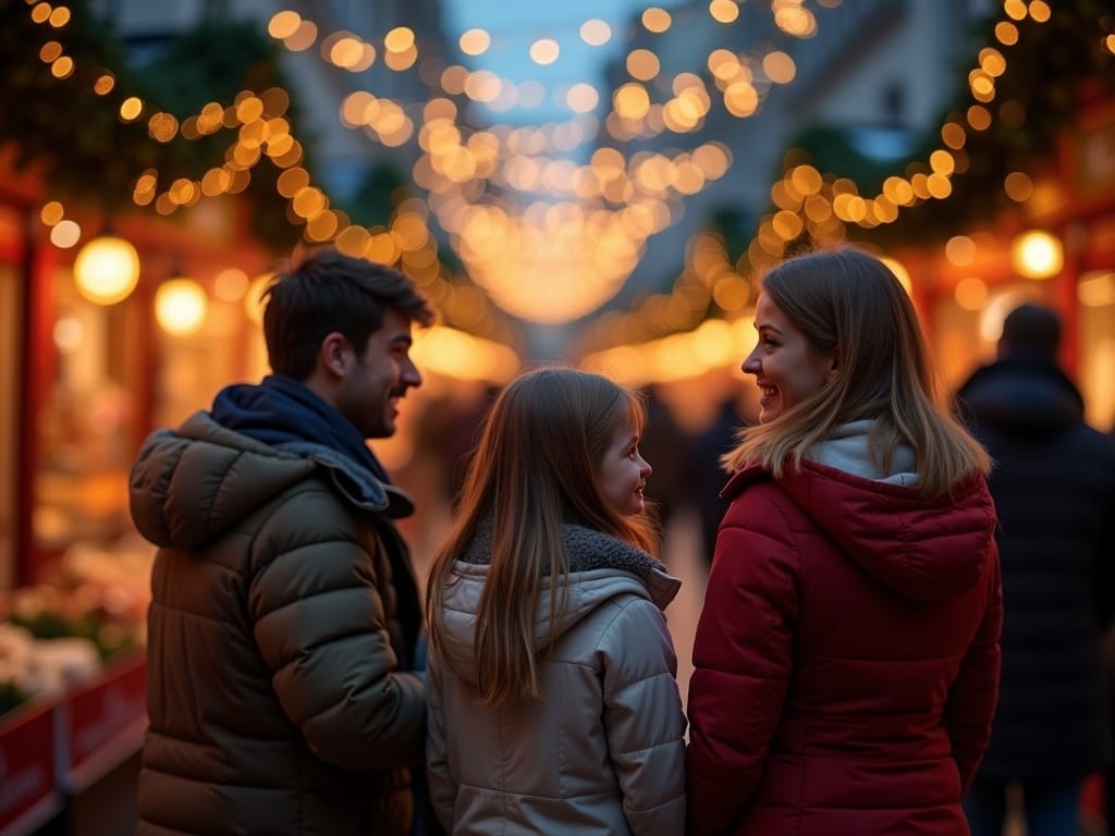 Familie de români vizitând un târg de Crăciun în Marea Britanie seara