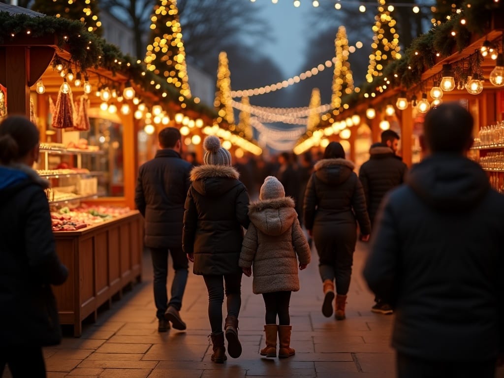 Familie românească explorând un târg de Crăciun în Londra seara