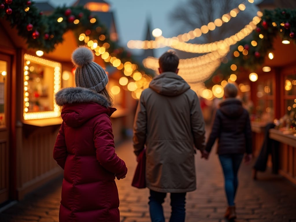 Familie românească vizitând un târg de Crăciun iluminat din Marea Britanie