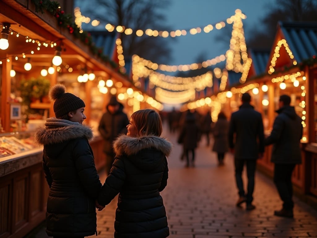 Familie românească vizitând un târg de Crăciun britanic seara, luminat festiv