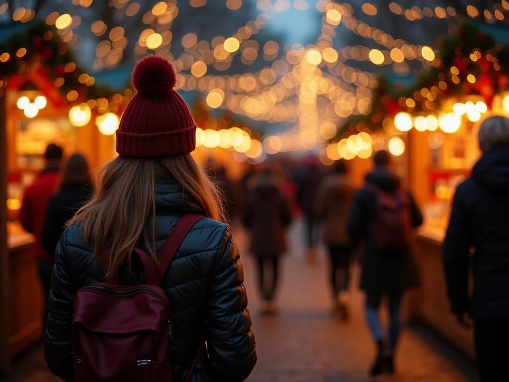 Familie românească vizitând un târg de Crăciun din Marea Britanie seara, lumini festive și tarabe colorate