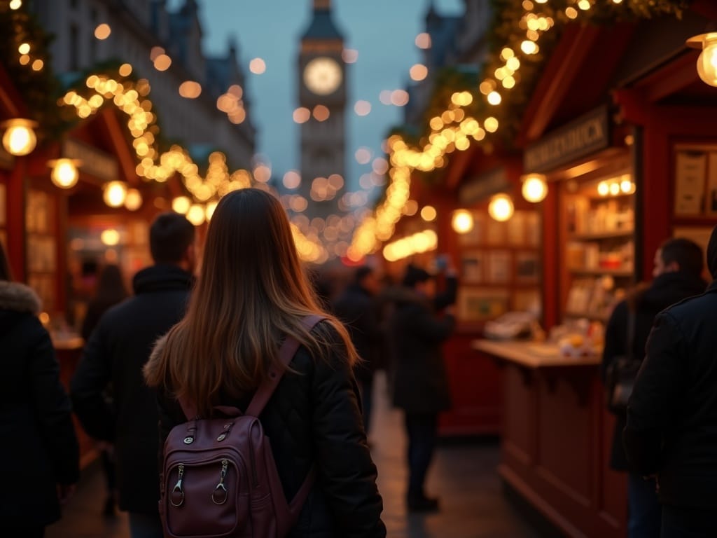 Familie românească la o piață de Crăciun în Londra, seara, sub luminițe festive roșii, verzi și aurii