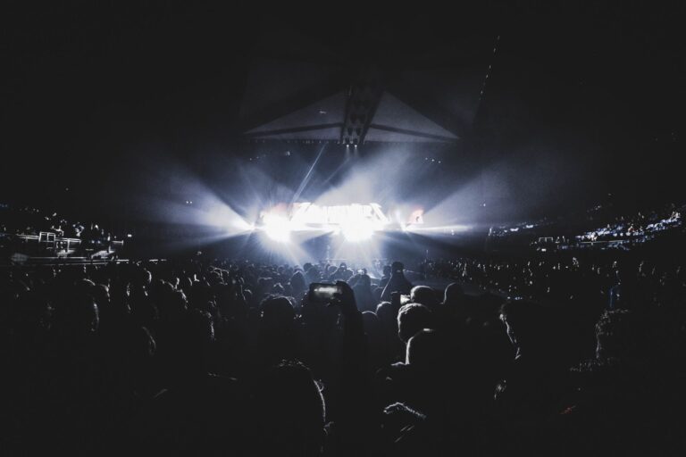 Multime de spectatori cu mainile ridicate la un concert pe stadion in Marea Britanie seara