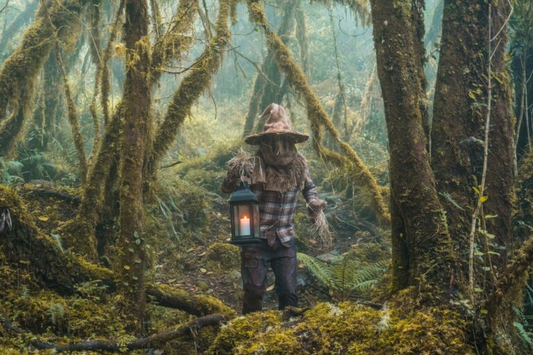 Pădure întunecată cu felinar aprins, atmosferă de groază de Halloween în Marea Britanie